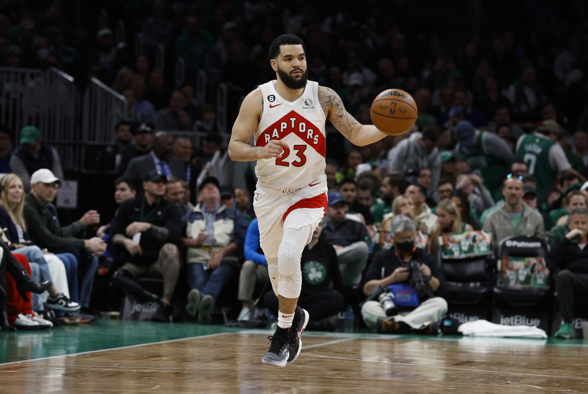 Apr 7, 2023; Boston, Massachusetts, USA; Toronto Raptors guard Fred VanVleet (23) brings the ball up the court against the Boston Celtics during the first quarter at TD Garden. Mandatory Credit: Winslow Townson-USA TODAY Sports